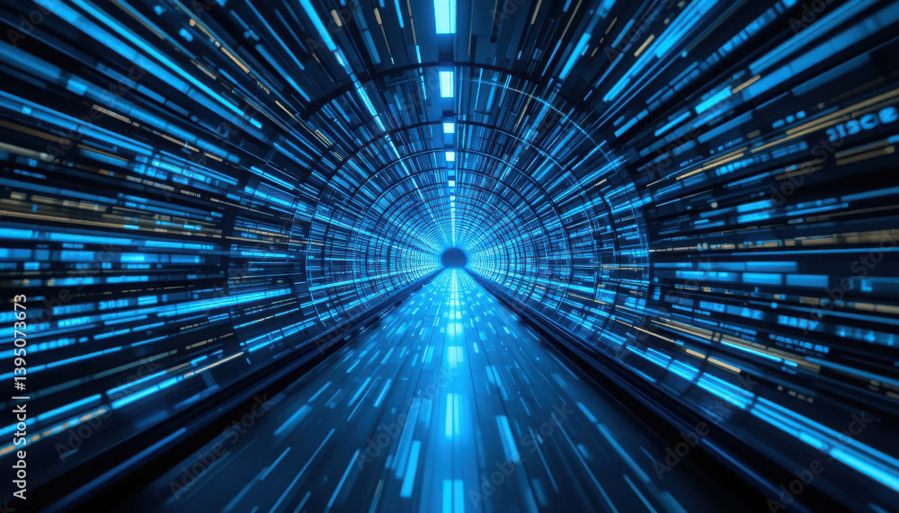 Poster a futuristic tunnel of blue light, depicting speed and motion, creating a sense of depth and dynamic