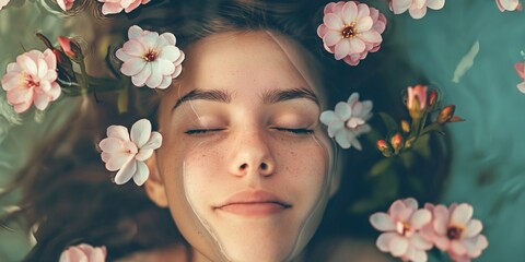 A serene portrait of a young woman submerged in water, with delicate flowers surrounding her, symbolizing peace, beauty, and connection to nature in an artistic way.