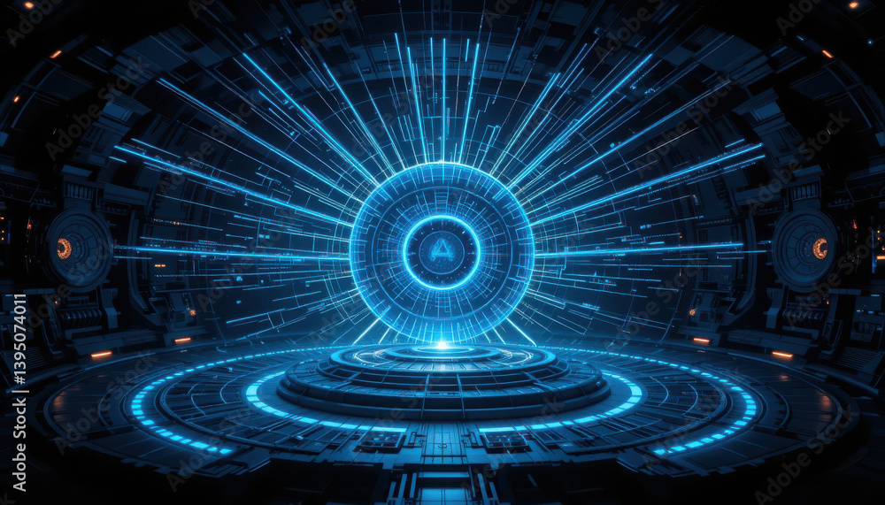 Poster a futuristic, glowing blue portal with intricate patterns and beams of light radiating from the cent