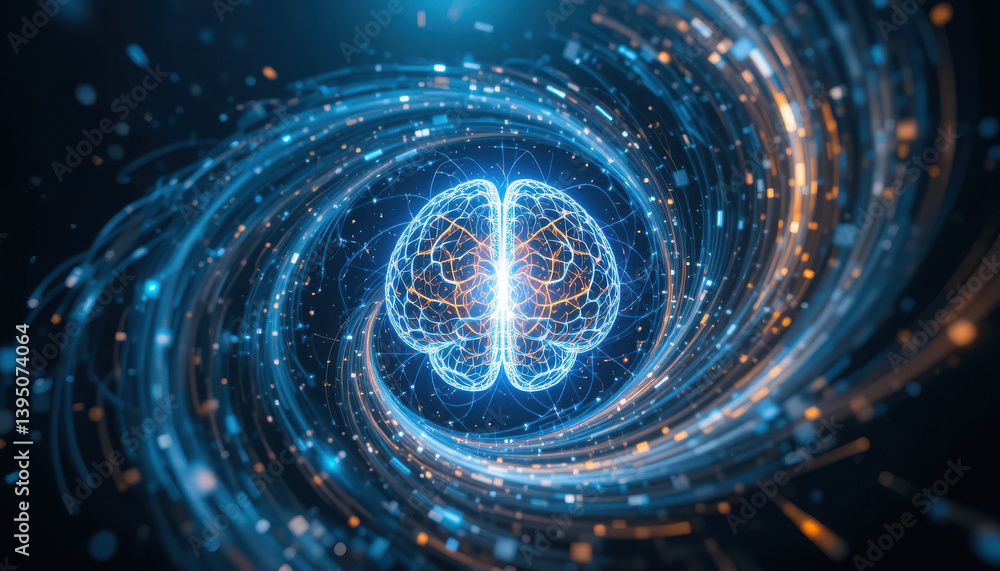Poster a digital visualization of a brain surrounded by swirling blue light, representing advanced technolo