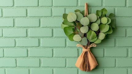 Sage Green Brick Wall Background with Eucalyptus Branches