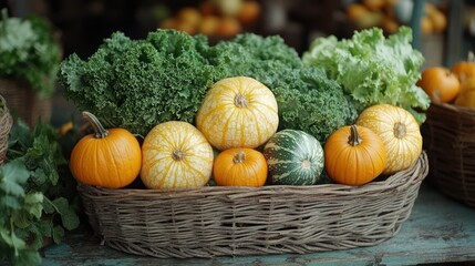 Pumpkins and gourds in rustic basket