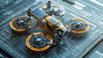 Fototapeta premium Solar-powered environmental monitoring drone on charging station beside technical blueprint
