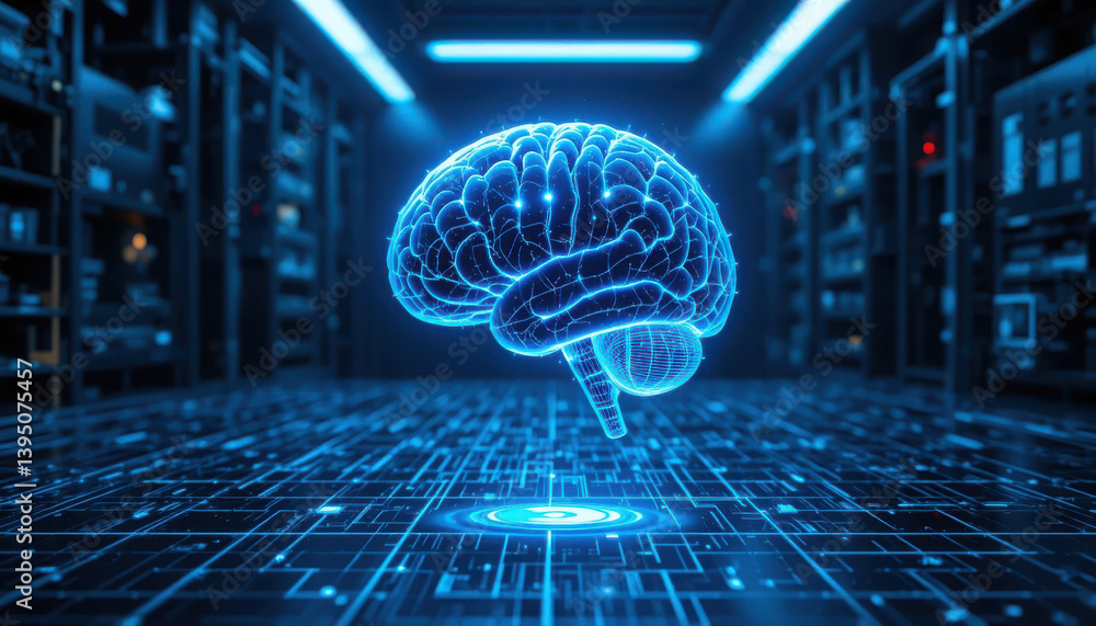 Poster a futuristic digital brain floats above a grid, illuminated in blue tones, set in a high-tech enviro