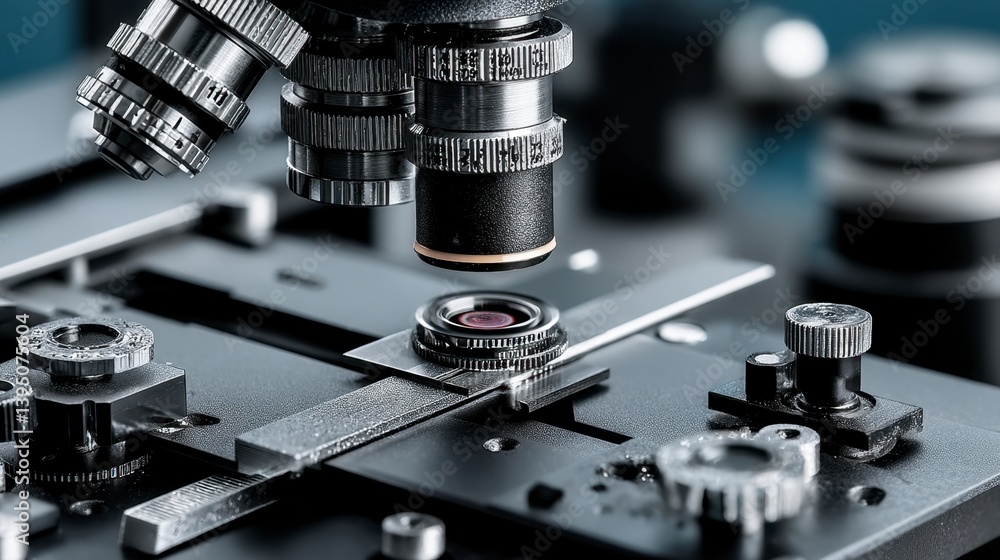 Poster close up of a microscope lens positioned over a sample slide. the metallic microscope parts are shar