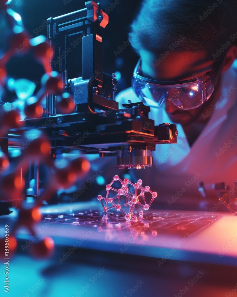 Poster focused male scientist using a microscope in a high-tech laboratory