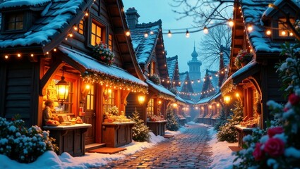 Obraz premium Enchanted Winter Village Street Scene Cozy Wooden Houses Adorned with Festive Lights and Snow-Covered Roofs, Creating a Magical Holiday Atmosphere