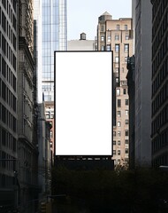 Obraz premium Blank billboard in city center surrounded by tall buildings advertising space.