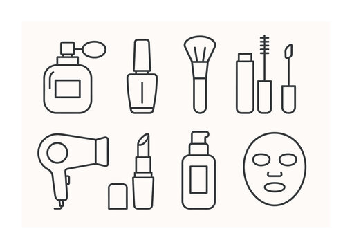Linear beauty and makeup icons set for skincare and cosmetics enthusiasts
