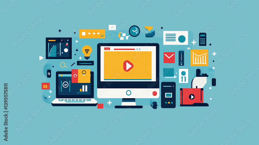 Poster flat design vector illustration of web development and design responsive website seo marketing conce
