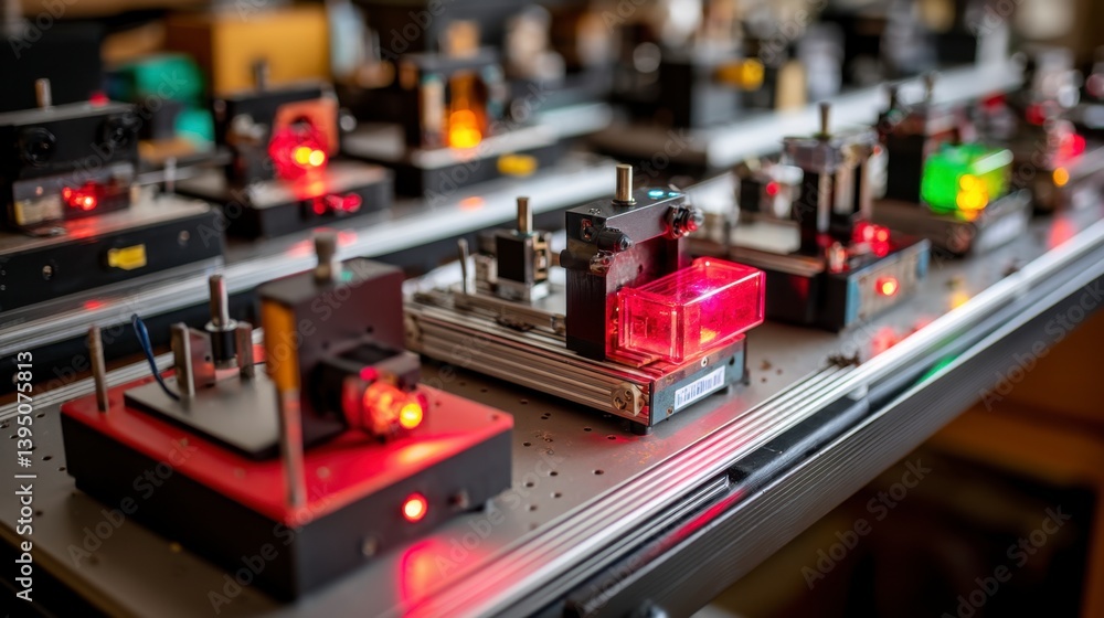 Poster close up view of various small, intricate devices arranged on a metallic surface, emitting red and g
