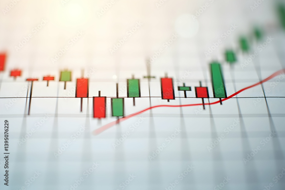Poster financial market analysis displayed through a candle stick chart, visualizing investment trends and 