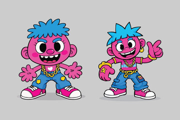 Two Cool Pink Cartoon Characters with Blue Hair and Gold Chains