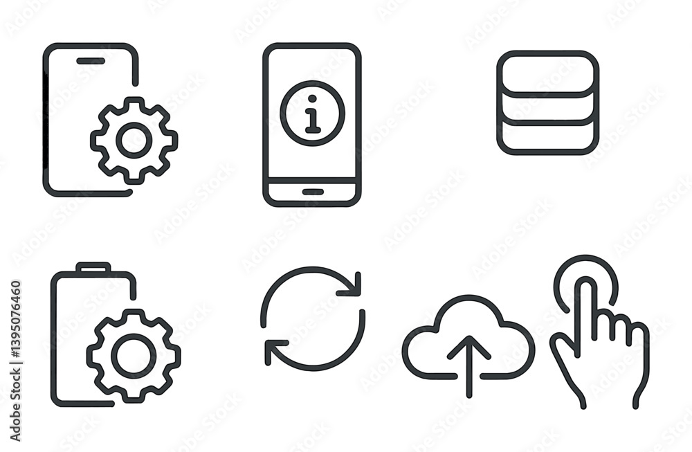 Poster essential technology icons set: linear style with devices, cloud, and sync symbols