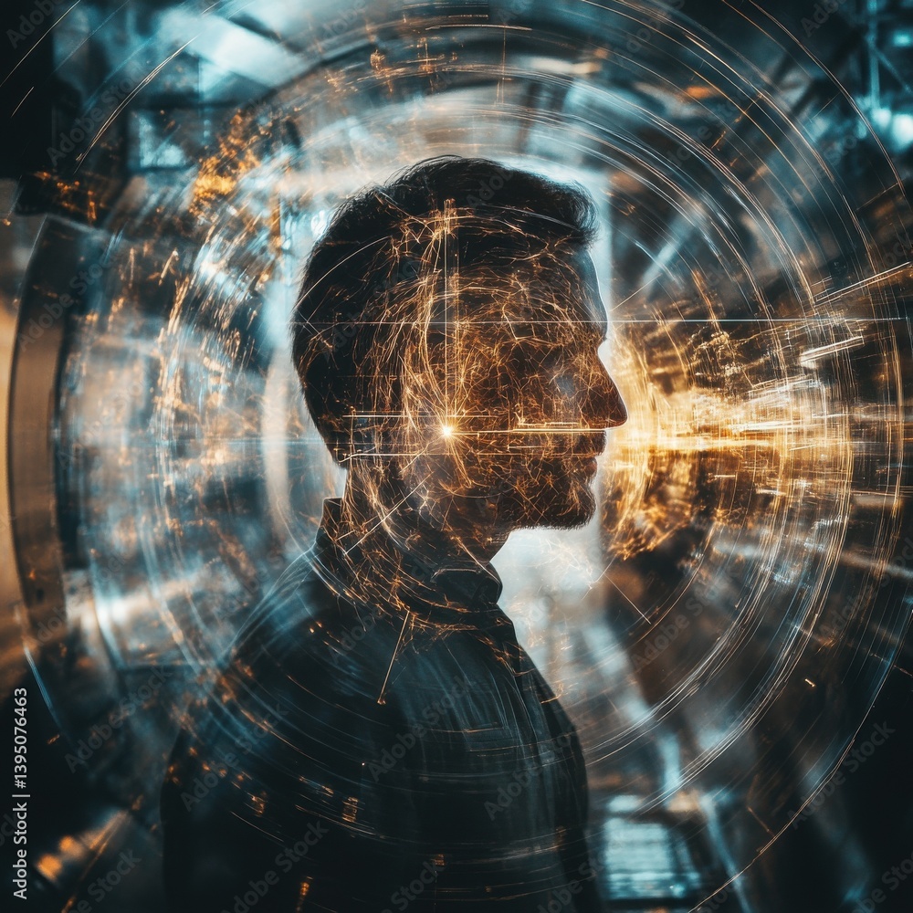 Poster profile of a man with abstract city lights and data streams
