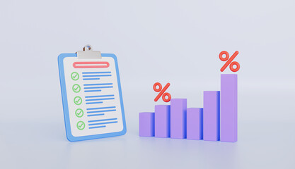 Checklist with increasing percentage chart showing progress and growth