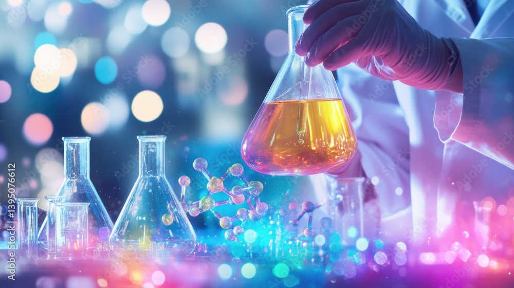Poster scientist in gloves holding a flask with glowing liquid in a vibrant laboratory setting