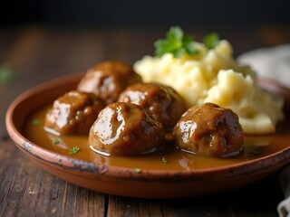 Swedish Meatballs with Creamy Gravy: Close-up of homemade Swedish meatballs served with creamy brown gravy and mashed potatoes on a rustic plate.