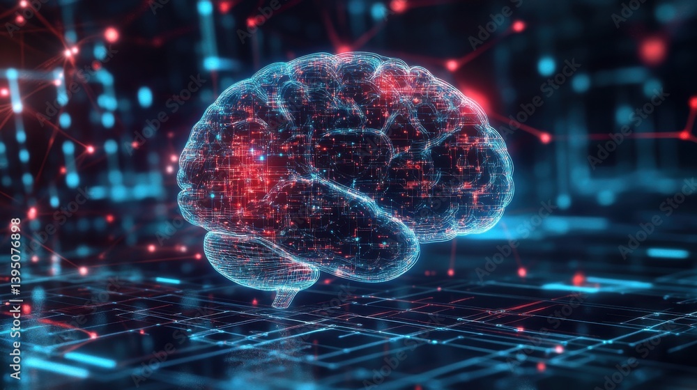 Poster abstract digital brain network glowing with red and blue nodes