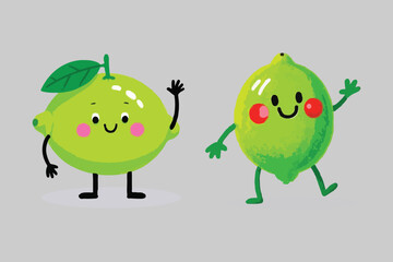 Two Cute Green Cartoon Limes Waving Hello Illustration