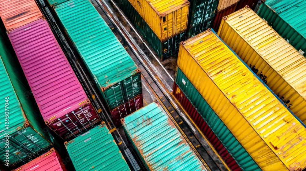 Aufkleber aerial view of colorful cargo containers in a shipping yard. rows of various colors and sizes.