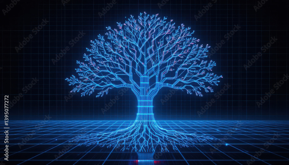 Poster a digital representation of a tree with geometric branches and roots, illuminated against a grid bac