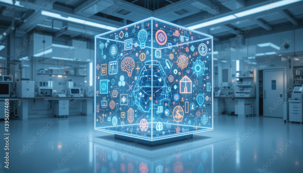 Poster a glowing cube filled with digital icons and symbols, set in a high-tech laboratory environment, rep
