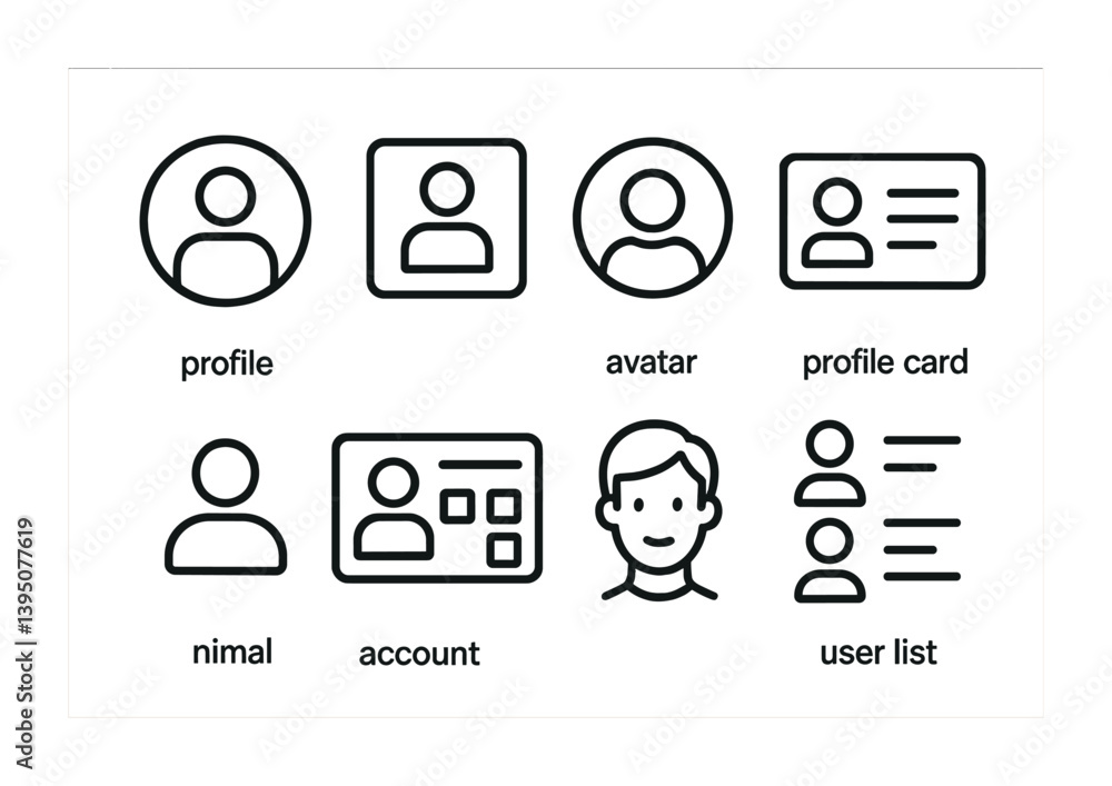 Poster linear profile and user icons set: avatar, profile card, user list