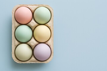 Fototapeta premium Realistic top-down photo of six pastel-colored Easter eggs in a recycled egg carton on a soft blue background. Balanced composition, natural textures, and soft lighting enhance the calm spring mood.
