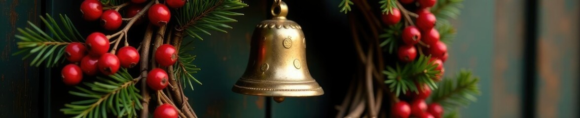 Ornate gold bell suspended above a rustic wooden wreath adorned with red berries, golden bell, holiday decor