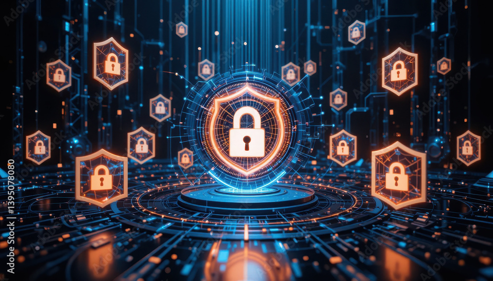 Poster a digital representation of cybersecurity, showcasing locks and shields in a futuristic network envi