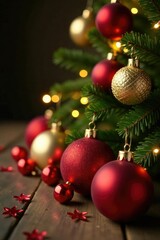 Ornate red glass baubles scattered around a golden Christmas tree, gold, decoration