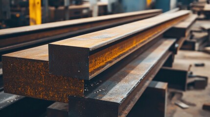 Structural steel beams laid out in a workshop, ready for welding, cutting, and assembly