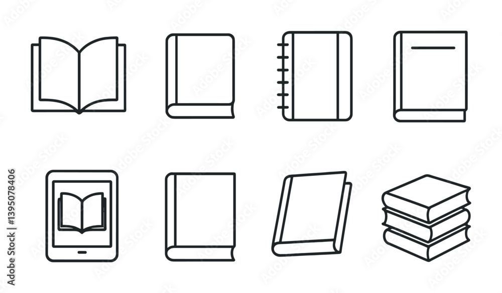 Poster minimalist linear book icons set for digital and print media projects