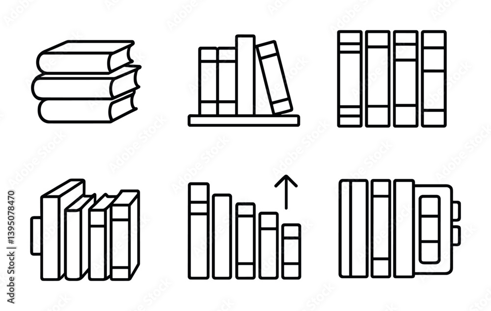 Poster minimalist library icons set – linear style collection of book arrangements and shelves