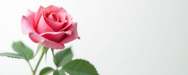 Fototapeta premium Simple and elegant rose on a white background with gentle curves, foliage, pure, simple