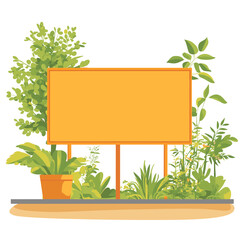 Obraz premium Blank Orange Wooden Sign Surrounded by Lush Green Plants