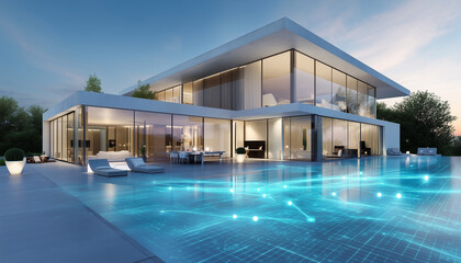 Fototapeta premium Modern luxury villa with a swimming pool at night. 