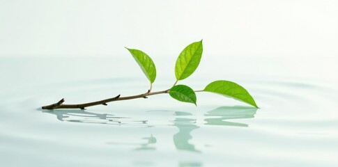 Single branch stretched on a white surface with slight ripples, splash, water, soft focus