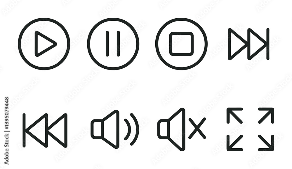 Poster linear media control icons set: play, pause, stop, skip, volume, fullscreen in minimal style