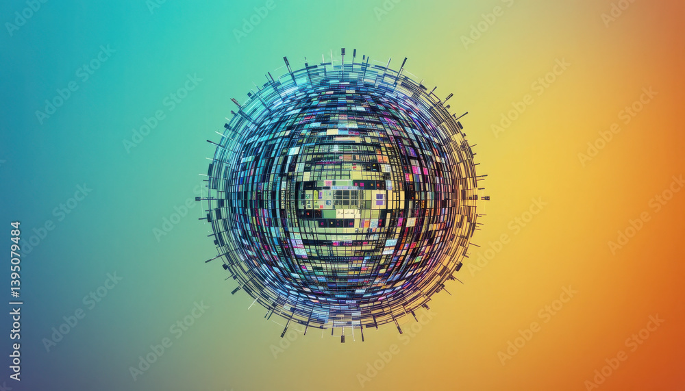 Poster a vibrant, abstract representation of a spherical structure composed of intricate lines and colors, 