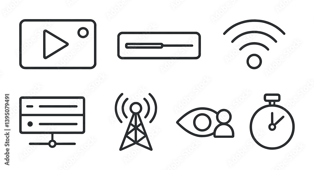 Aufkleber minimalistic media and communication icon set: linear style with 7 essential icons