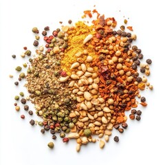 Assorted spices and seasonings scattered on a plain surface view on isoleted white background