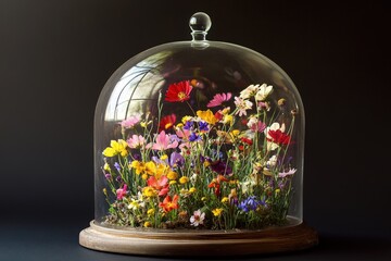 Colorful wildflowers are preserved beautifully under a glass cloche display