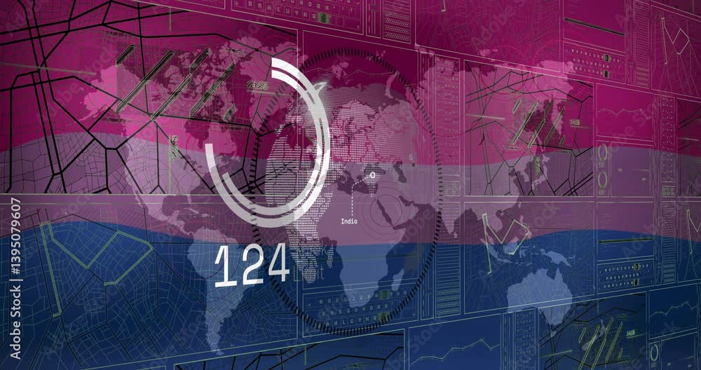 Poster world map and data charts with digital countdown animation overlay