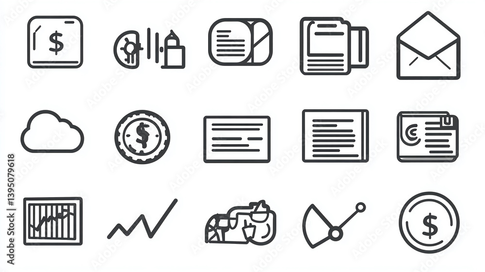 Poster vector icons set for business finance and technology concepts with dollar coin cloud and chart desig