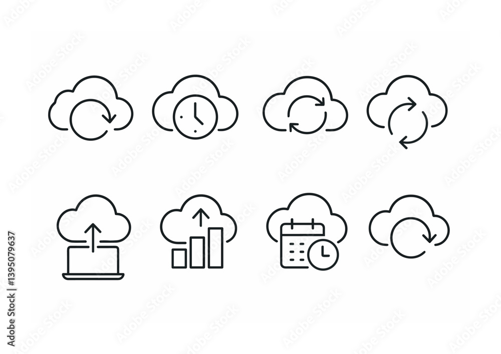 Poster minimalist cloud computing icons set for synchronization, upload, and storage in linear style