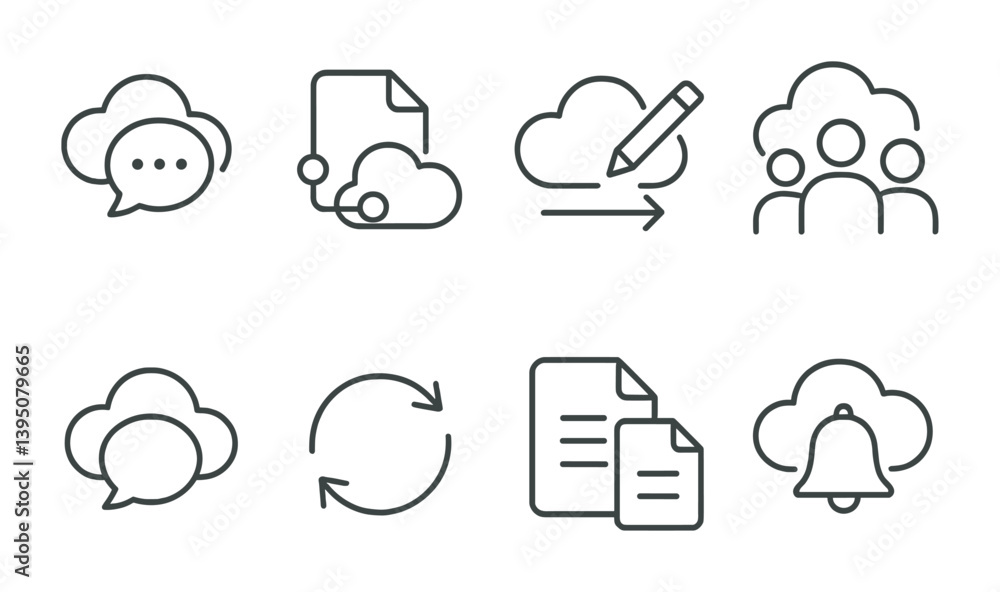 Poster cloud communication and collaboration icons set in linear style for digital tools