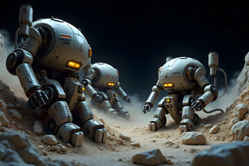 Fototapeta premium Futuristic asteroid mining robots operating on a desolate planetary landscape under a starry sky, showcasing advanced technology and resource extraction