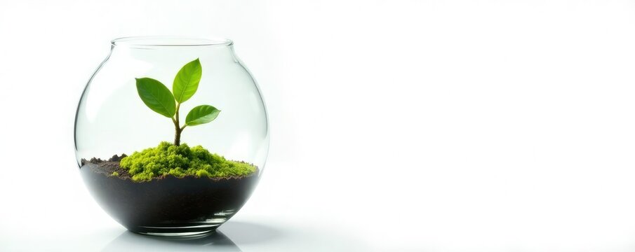 Small isolated plant in a glass terrarium on white background, glass, nature, botany